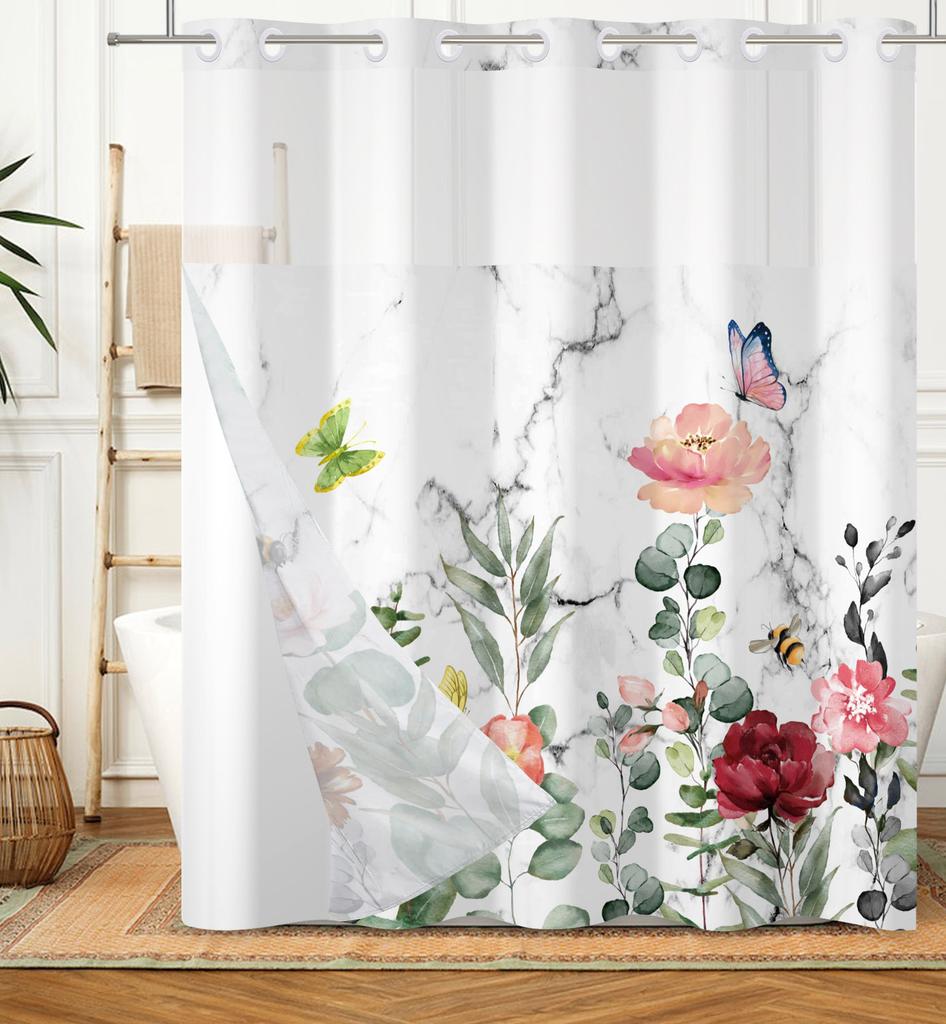 Hookless Double Layer Shower Curtain Waterproof Removable Lined Leaves Plants Flower Modern Bathroom Decorative Shower Curtains
