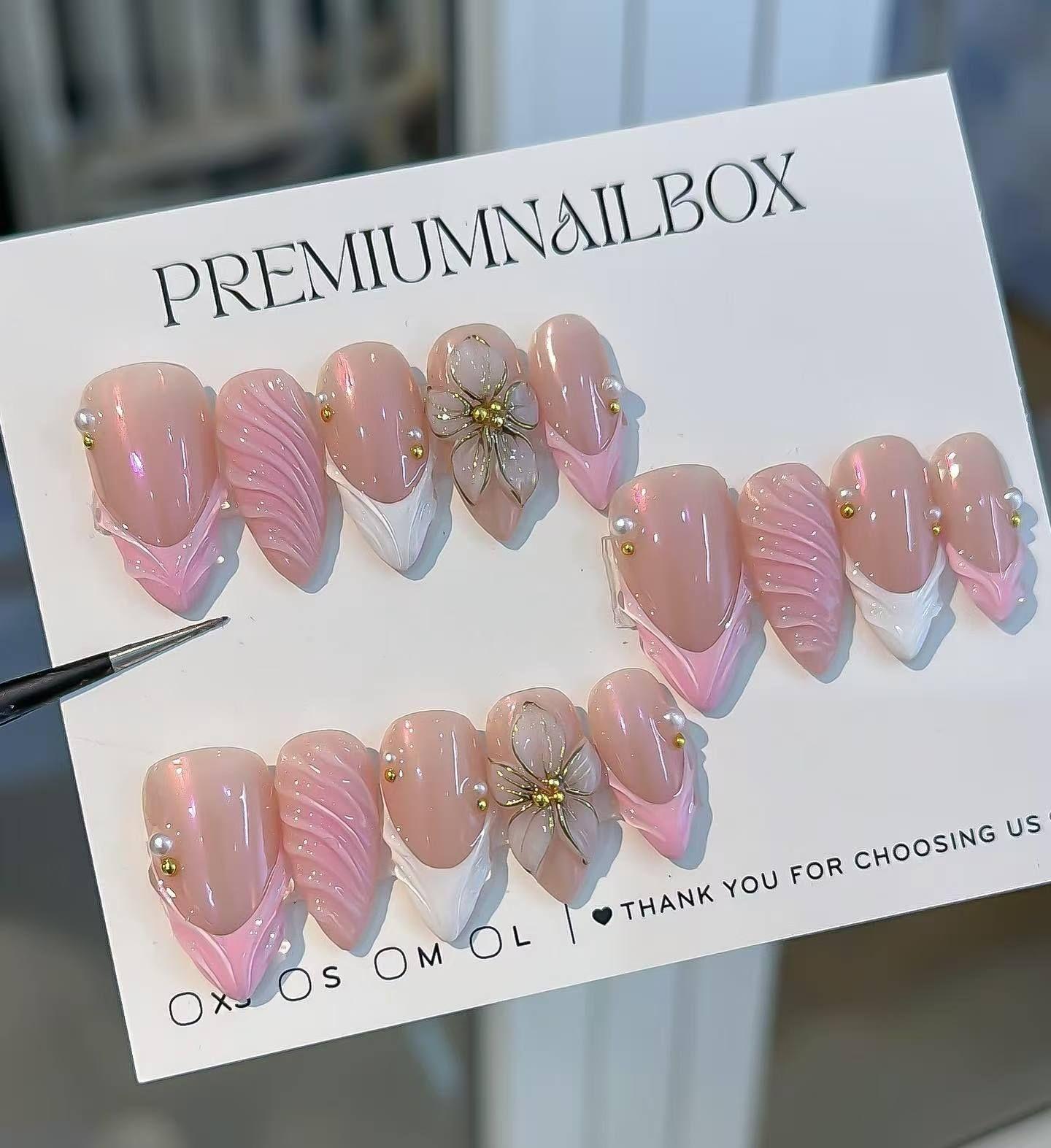3D Three-Dimensional Manicure Wearing Nail Sweet And Cute French Flower Pearl Long Almond Wearing Nail Jelly glue + rubbing strips