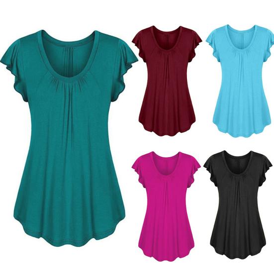 Frauen Einfarbig U-ausschnitt Kurze Rüschen Ärmel Bottoming Top T-shirt Bluse