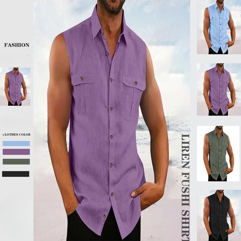 Camicia da Uomo Semplice in Cotone Lino Tinta Unita con Revers Senza Maniche da Spiaggia Multicolor Casual Ampia Camicia da Uomo