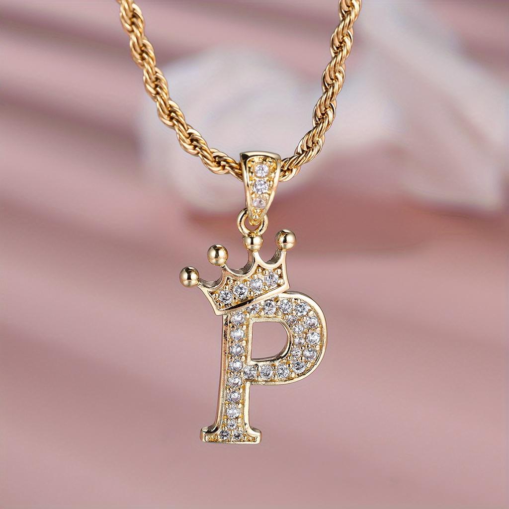 1 Pc Golden Color 26 English Letter Princess Crown Necklace Pendant Wedding Band Jewelry Valentine's Day Gift