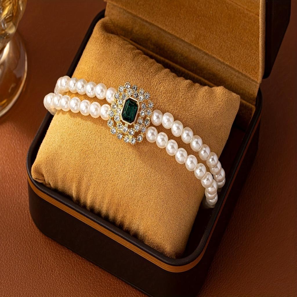 Foreign Trade, High-end Double-layer Imitation Pearl Bracelet Temperament Diamond-set Geometric Women's Jewelry