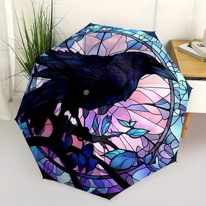 

Stained Glass Raven Wall Art Decor, Circular Design with Black Crow Illustration for Home Decorations Umbrella, Cute Umbrella with Cute Design, Portab