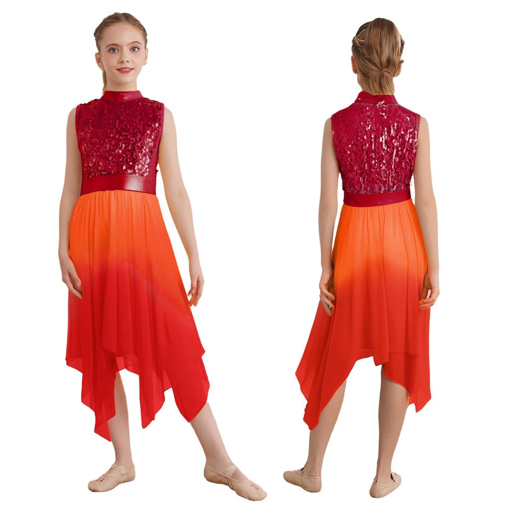 Girls Liturgical Dance Dress - Sleeveless Mock Neck Tunic with Asymmetrical Hem & Shiny Sequins for Worship Performance