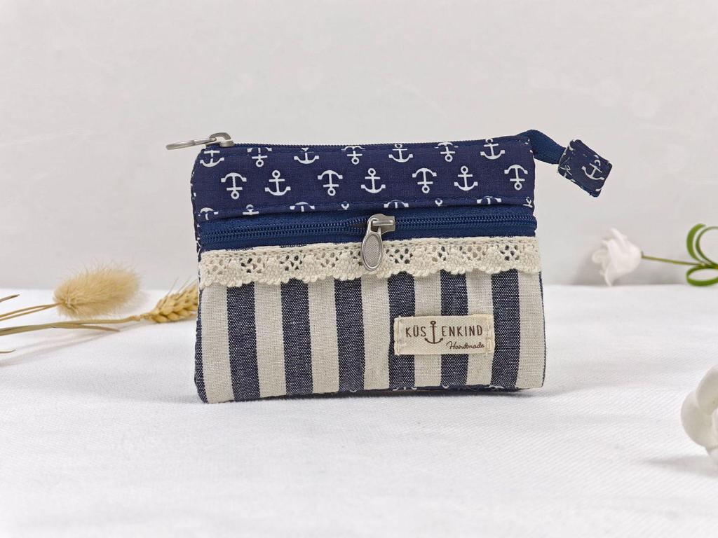 Handmade Countryside Fabric Double Zipper Coin Purse & Key Holder for Women