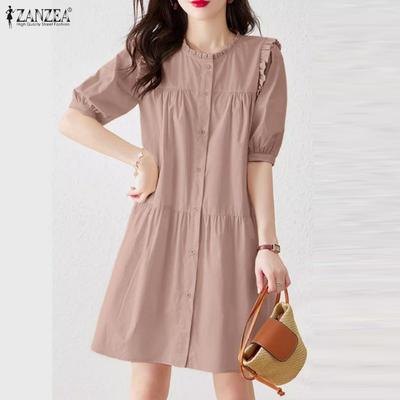 Women Casual Round Neck Solid Color Loose Short Sleeve Dress