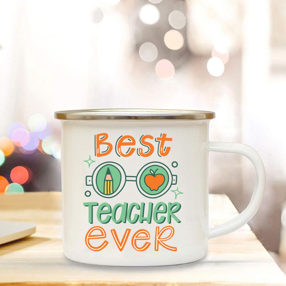 Best Teacher Ever Printed Coffee Mug White Enamel Cups Handle Cocoa Cup Home Office Drinking Mugs Teacher's Day Graduation Gifts