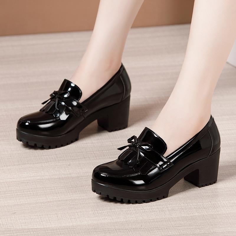 Small Size 32-43 Shallow Patent Leather Women Shoes Oxfords Women 2024 Spring Slip On Med Block Heels Platform Pumps Office Mom