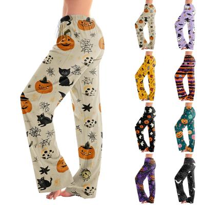 Women Drawstring Lounge Pants Halloween Print Casual Loose Fit Full Length Pajama Bottoms with Elastic Waistband and Relaxed Style
