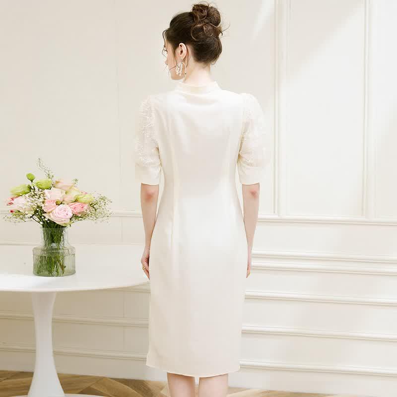 TuHuang Mulberry Silk New Chinese Style Lace Embroidered Cheongsam Dress