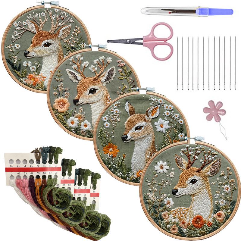 1pc Deer and Flower Pattern Embroidery DIY Fabric Craft Set with Tools