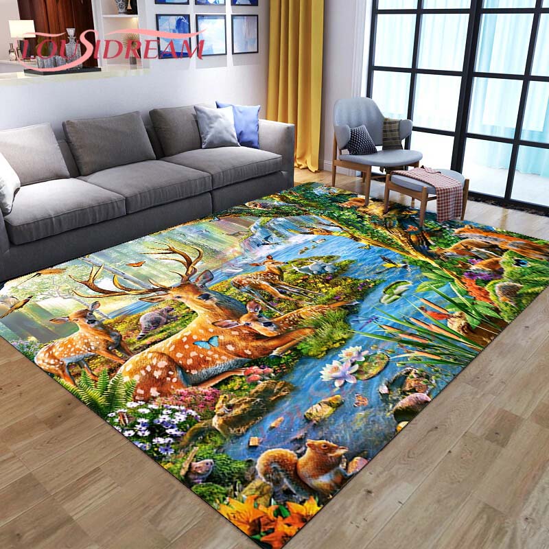 

3D мультяшный ковер с оленем, дикая природа, горный пейзаж с лесным ковром для дома, гостиной, ковер с лосем для стирки, детские игровые ковры 160cm x 200cm