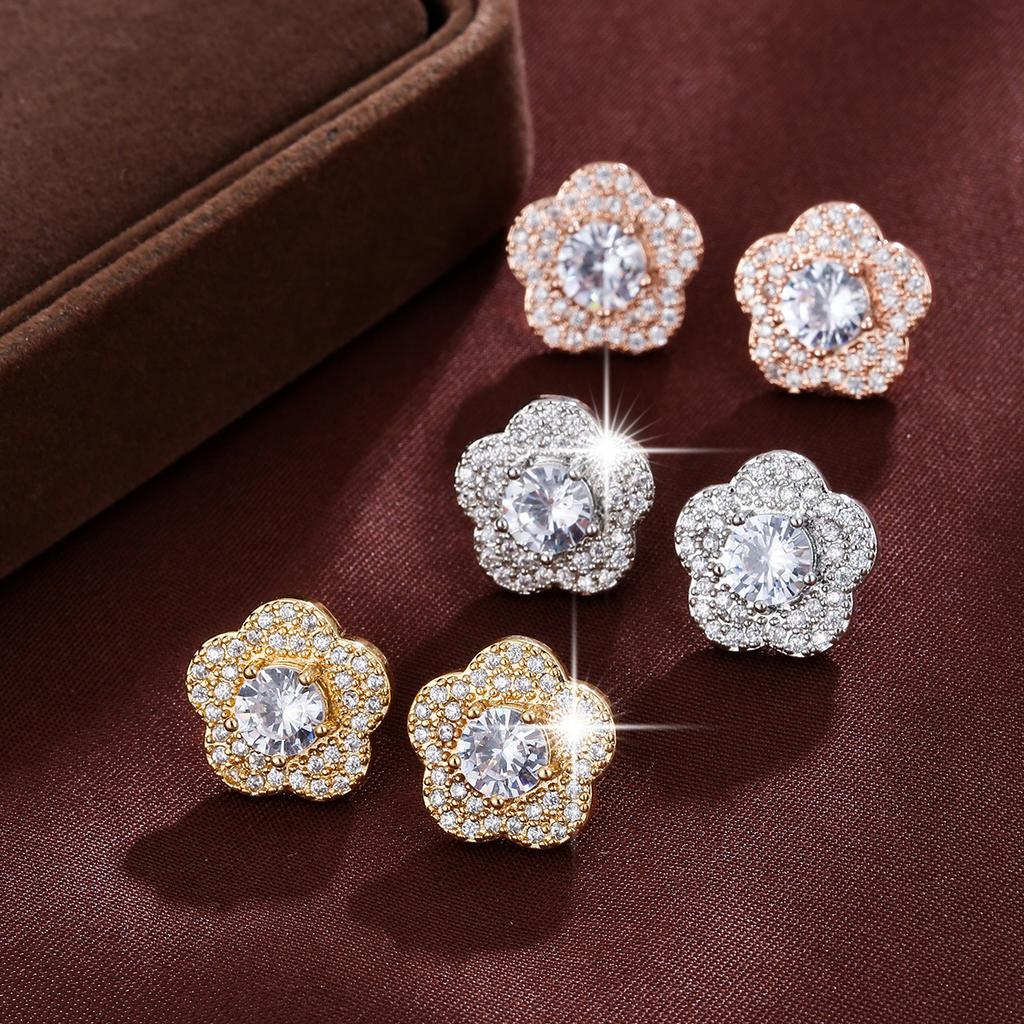 Elegant Female White Zircon Round Earring Charm Gold Silver Rose Color Stud Earrings For Women Vintage Wedding Jewelry