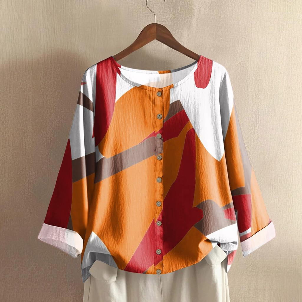 Women's Casual Long-sleeved Round-neck Retro Gradient Printed Cotton And Linen Top