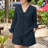 ZANZEA Zweiteiliges Sommer-Set aus langärmeliger Bluse und Shorts für Damen