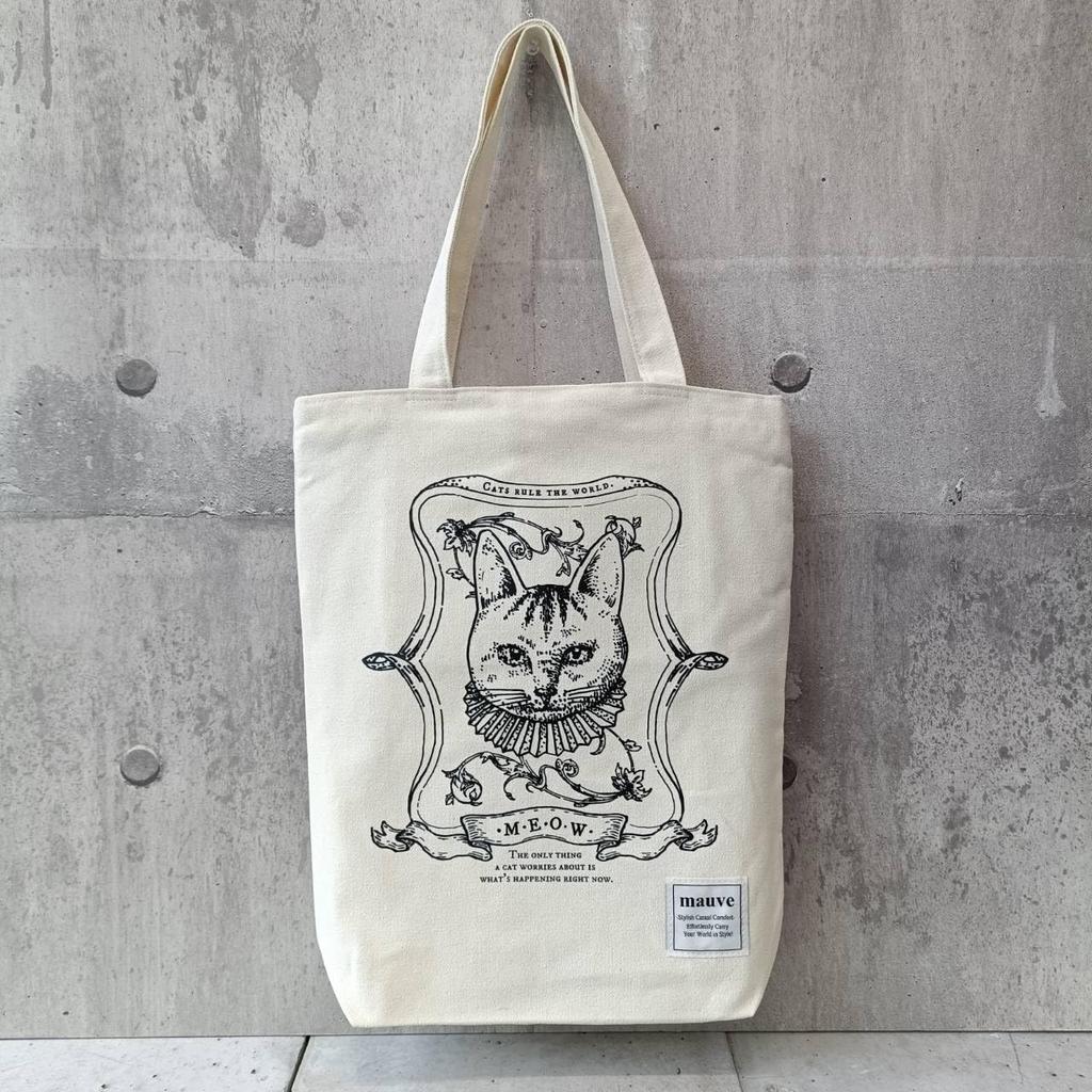 [mauve] NEW Canvas Tote Bag, A4 Size, Slim, Lightweight, Zipper Closure, Unisex, for Commuting, School, and Everyday Use (Royal Cat X White)