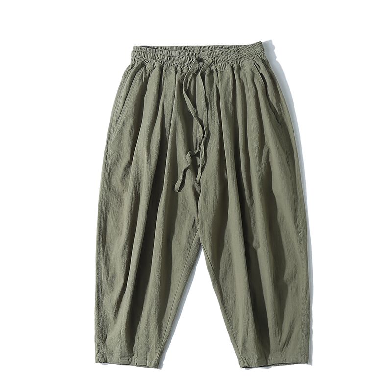

Men s Casual Pants for Summer New Arrival Pure Color Cotton Linen Capri Pants Loose Men Straight-leg Japanese-Style Retro Trendy Brand Pants Army Green XL