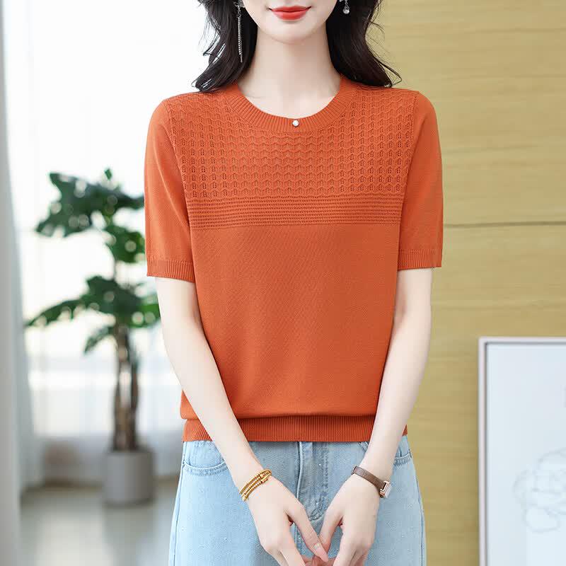 Hengyuanxiang Women s Summer Hollow Knit Ice Silk T-Shirt 4XL
