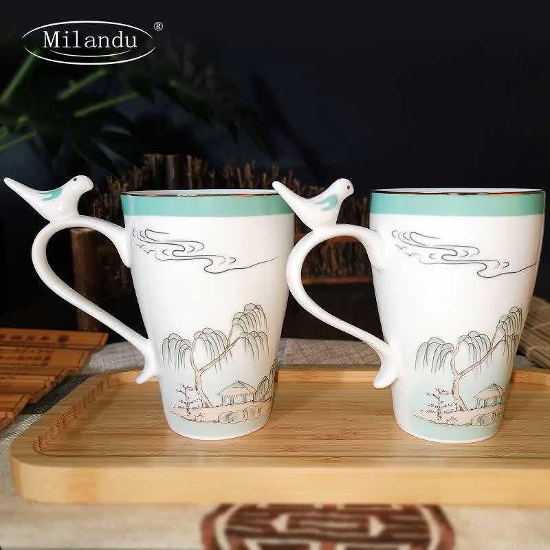 Milandu West Lake Bone China Bird Couple Teacup Set