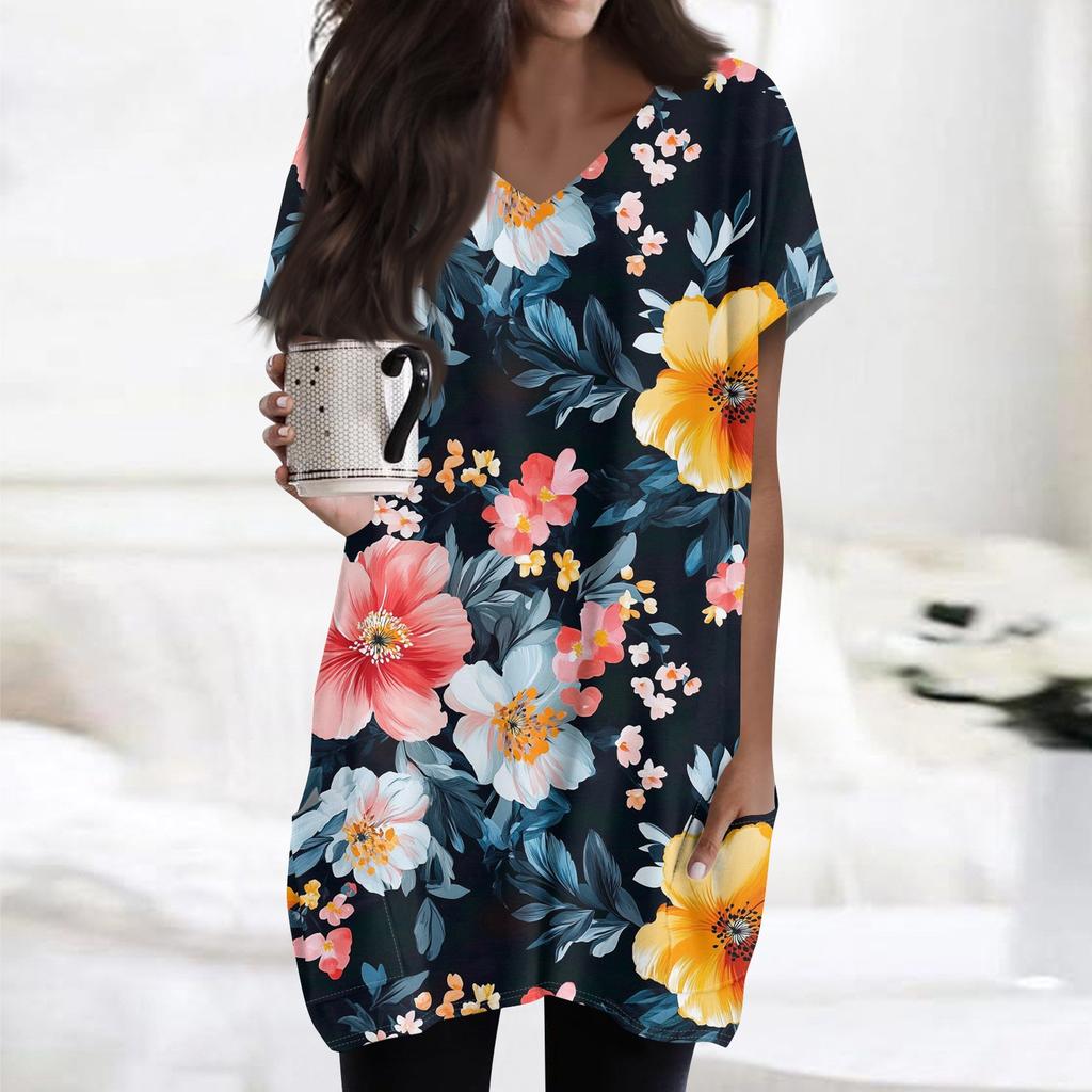 Women's Retro Flower And Leaf Print V-Neck Midi Pocket Short Sleeve Top