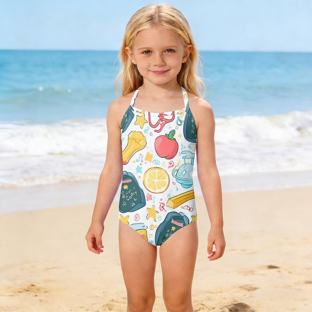 Girls One Piece Swimsuit Kids School Supplies Print Adjustable Straps Summer Beach Swimwear Bathing Suit for Toddlers and Children
