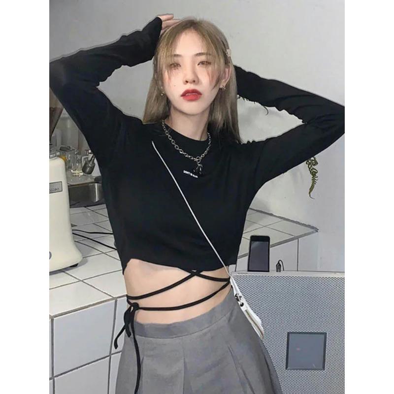 Long Sleeve T-shirts Women Design Sexy Crop Ins Prevalent Bandage Tops Harajuku Ulzzang Street Spring Female Hot Skinny New