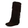 FOREADA Women Knee High Cowboy Boots Round Toe Height Incresing Mid Heels Tassel Western Long Boots Ladies Fashion Shoes Winter 46