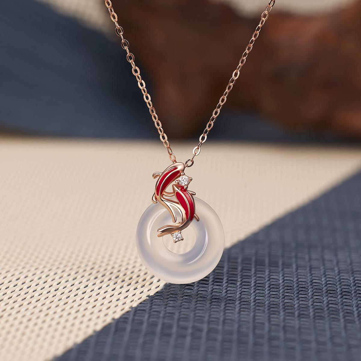 S925 Sterling Silver Koi Peace Buckle Necklace with White Agate Pendant - Women s Light Luxury Clavicle Chain Gift 925 Silver розового золота