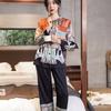 Women's Ice Silk Long Sleeved Trousers Two-piece Suit Pajamas Fashionable Summer Can Wear Printed Sleepwear