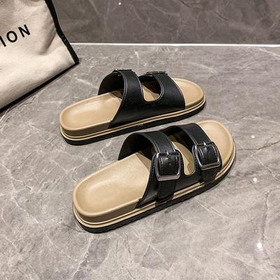 2025 New Fashion Trend Double Buckle One-word Slippers Summer Wear Home Light and Comfortable Versatile Thick-soled Slippers