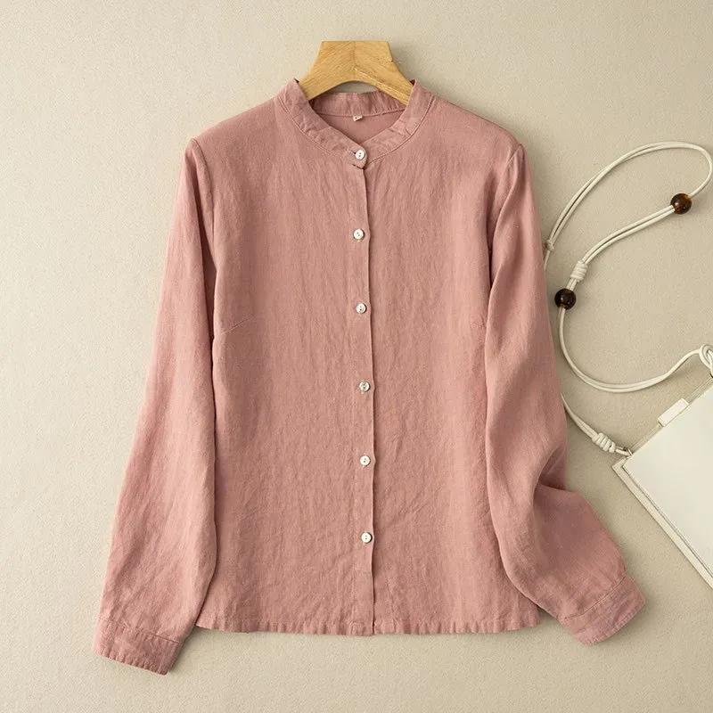 Spring and Summer Retro Loose Cotton Linen Long Sleeved Shirt for Women Item Round Neck Mid Length Shirt Jacket