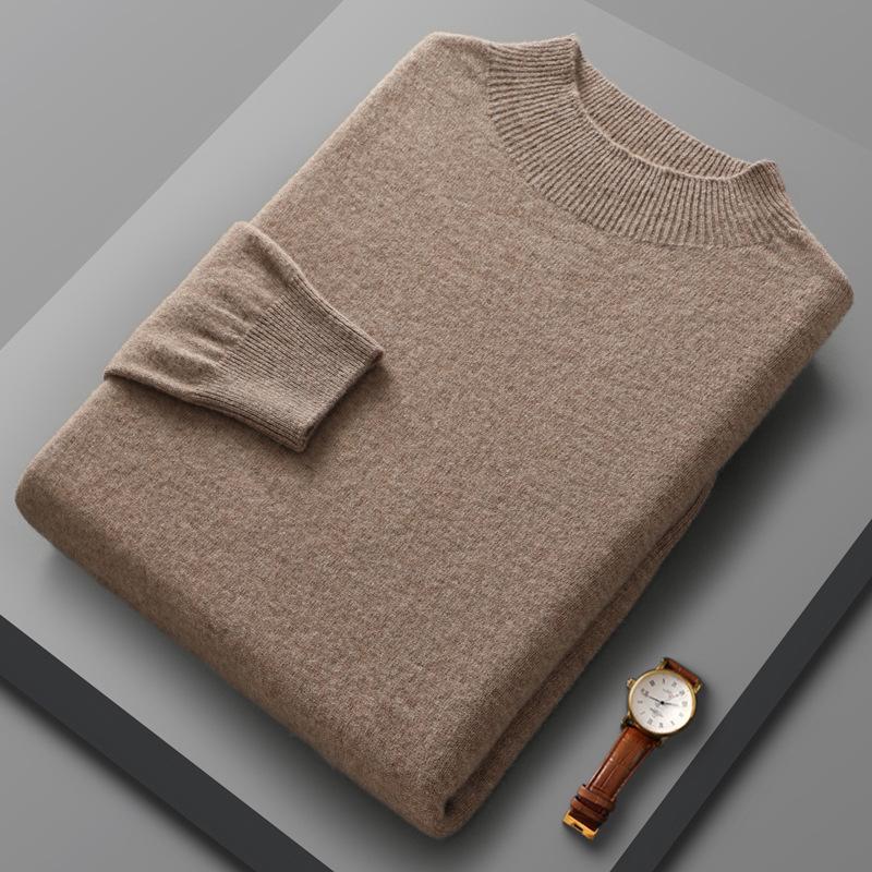 The second face a man Herfst- en wintertrui voor heren van 100% fijne wol, gebreide trui met halfhoge kraag, gerepareerde kasjmiertrui, warme effen onderlaag XXXL beige