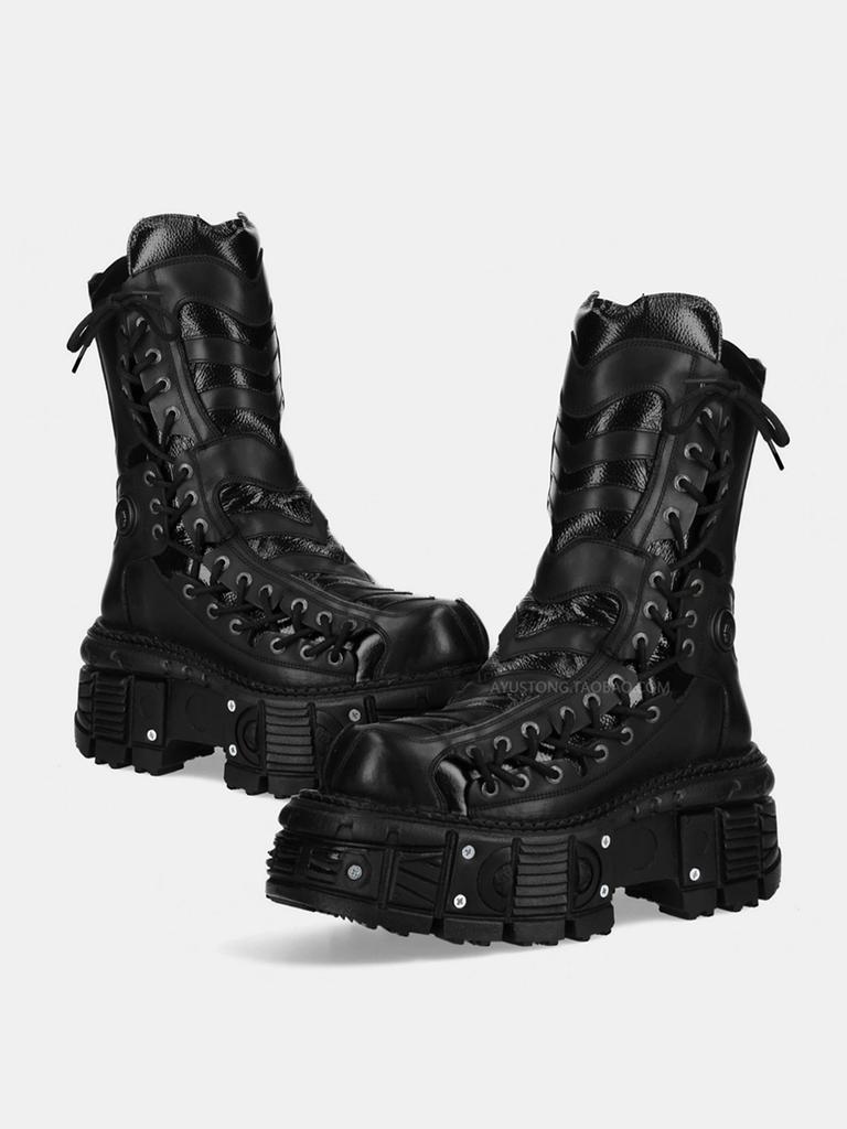 Fashion 2024 All-Matching Women's Special-Interest Design Lace Up Knight Female Dark Punk Metal Muffin Platform Ankle Boots Men