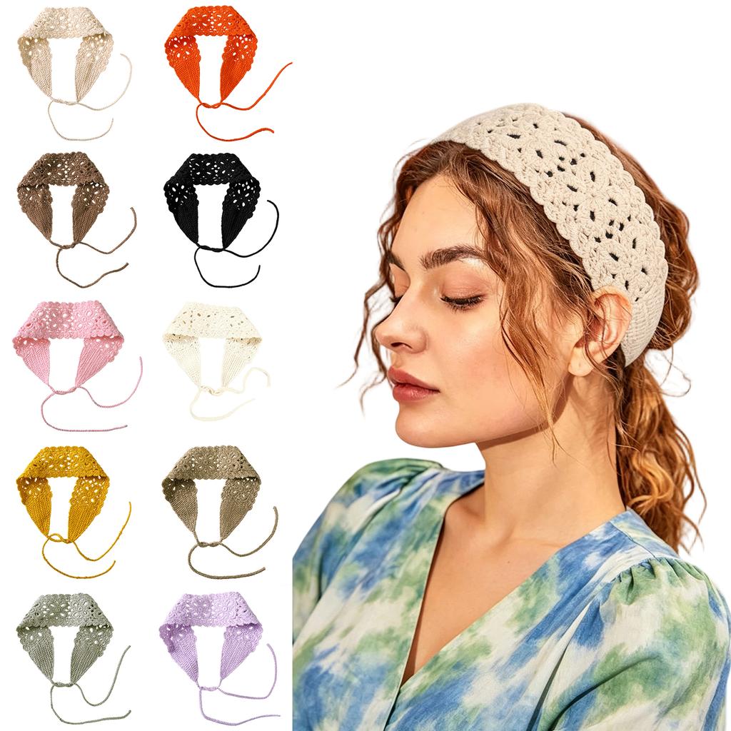 Fascia all'uncinetto da donna con motivo floreale, fascia per capelli lavorata a maglia con chiusura regolabile, stile vintage, accessorio per capelli bohémien per l'uso quotidiano e le attività all'aperto