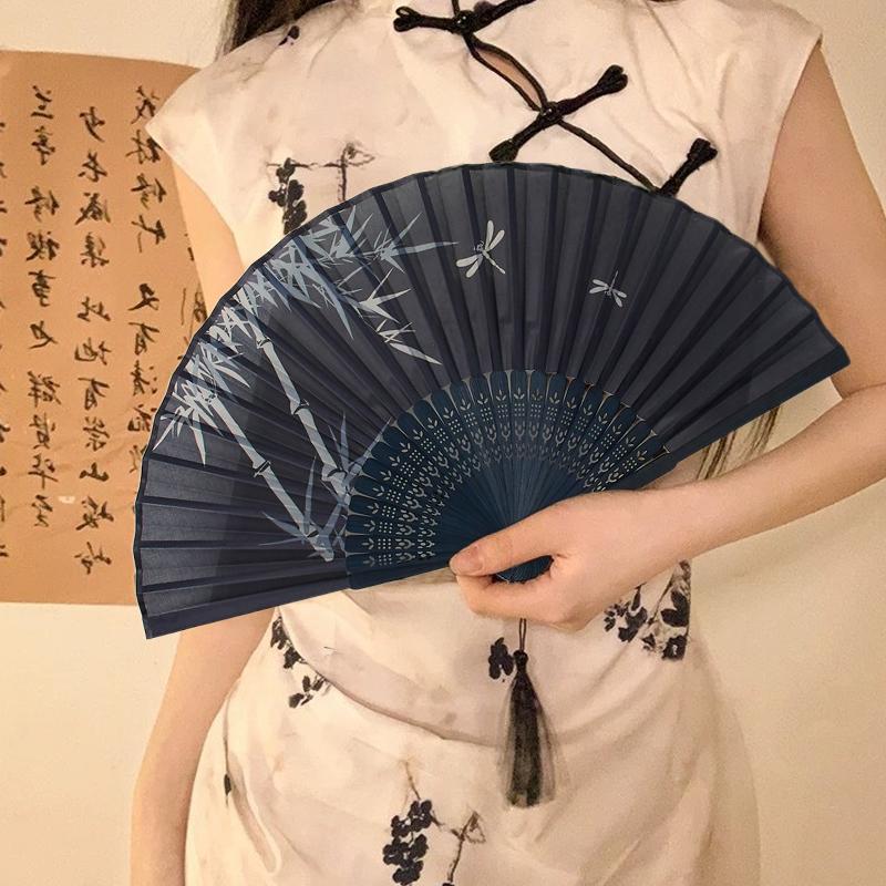 Chinese Style Bamboo Tassels Ink Wash Pattern Dance Party Show Silk Cloth Ornament Folding Fan Hanfu 9 Colors