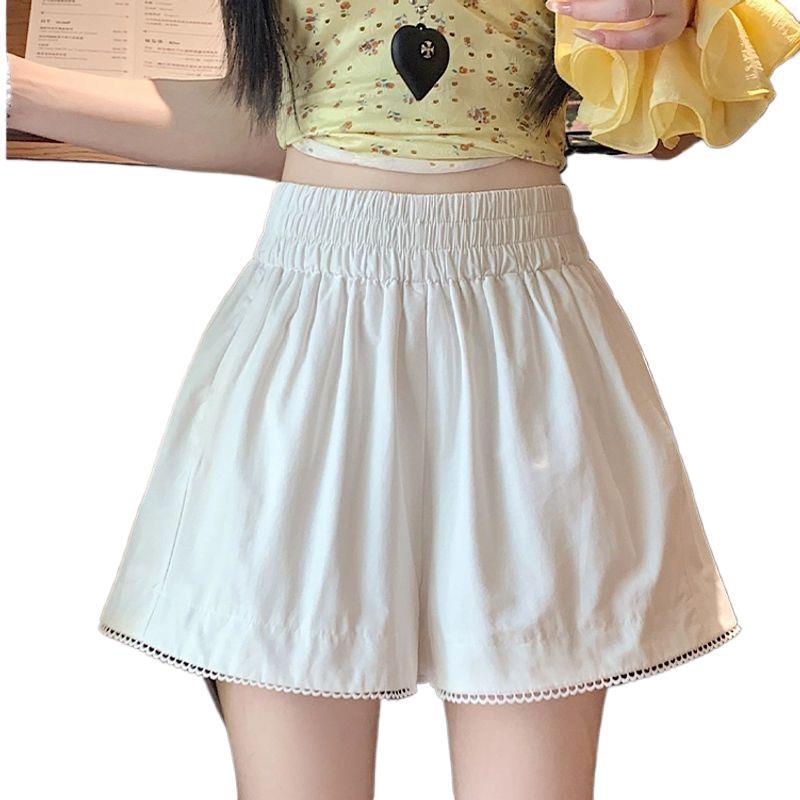 Korean Style Women's Lace Trim Elastic Waist Shorts - 2025 Summer Petite Casual Loose Slimming Wide Leg Pants