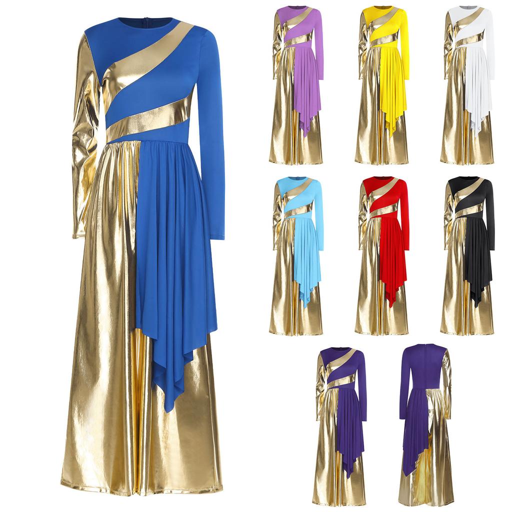 Womens Liturgical Dance Jumpsuit Metallic Color Block Patchwork Irregular Drape Wide Leg Choir Performance Costume