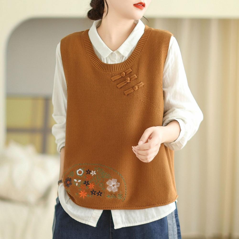 Vestă tricotată cu cataramă cu broderie de flori Vestă de culoare solidă pentru femei, largi de primăvară și toamnă, gât rotund, fără mâneci, umăr stratificat