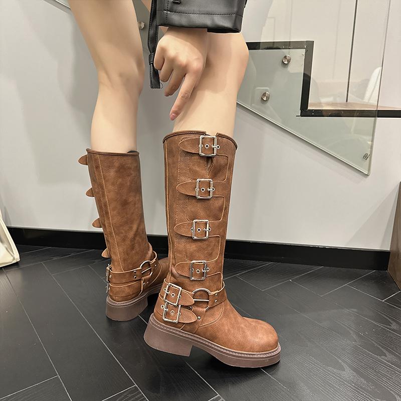 Fashion AIYUQI Western Cowboy Boots Women Vintage New Genuine Leather Knight Boots Women Square Toe High Boots Buckle Boots Women
