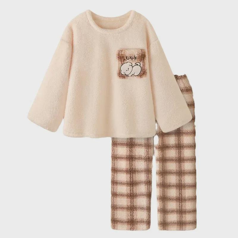 Women's Winter Plush Cartoon Pajama Set: Cozy College-Style Pullover Suit