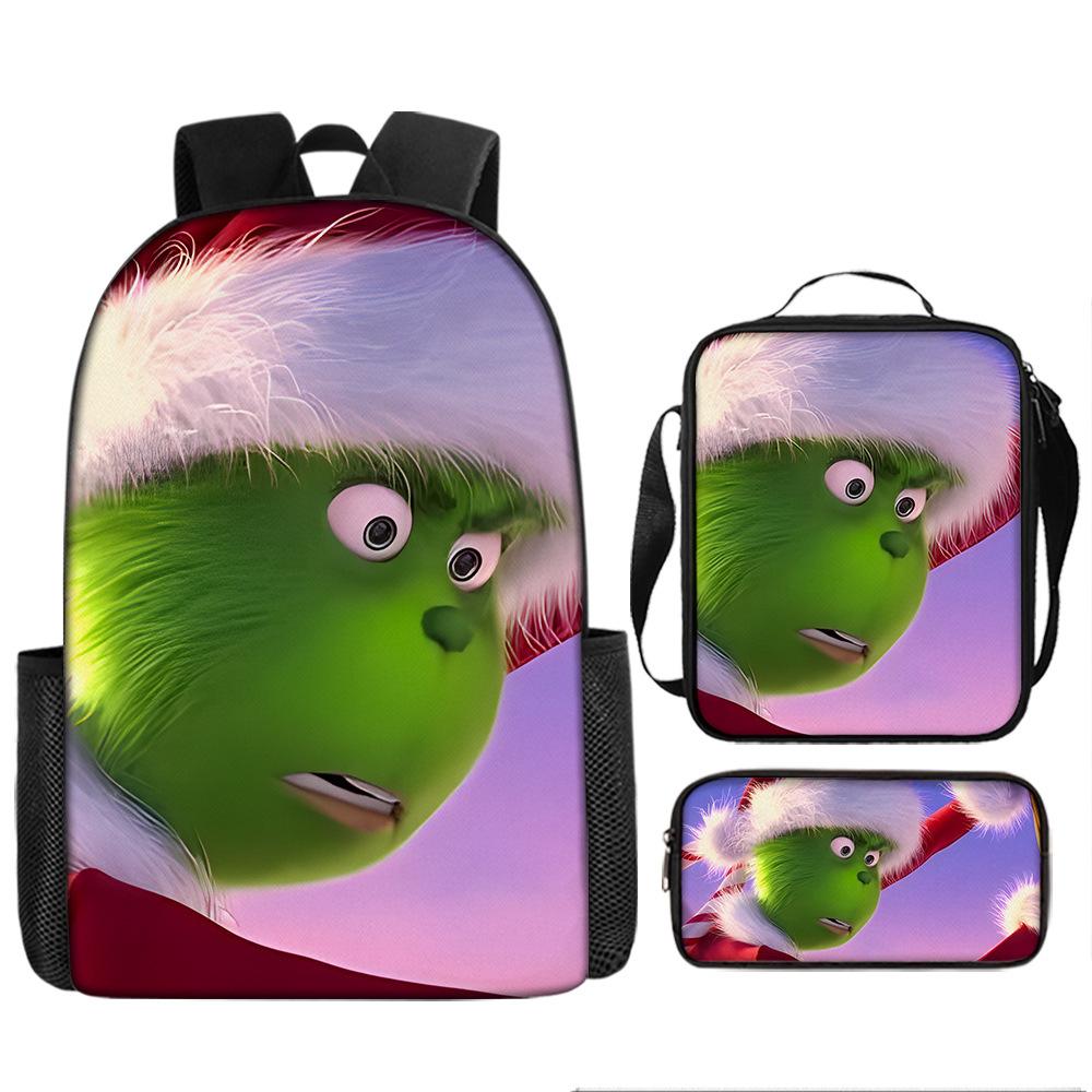 Green Hair Monster Grinch School Bag Campus 12345th and 6th Grade Backpack Lightweight Weight Loss Computer Bag Three-piece Set
