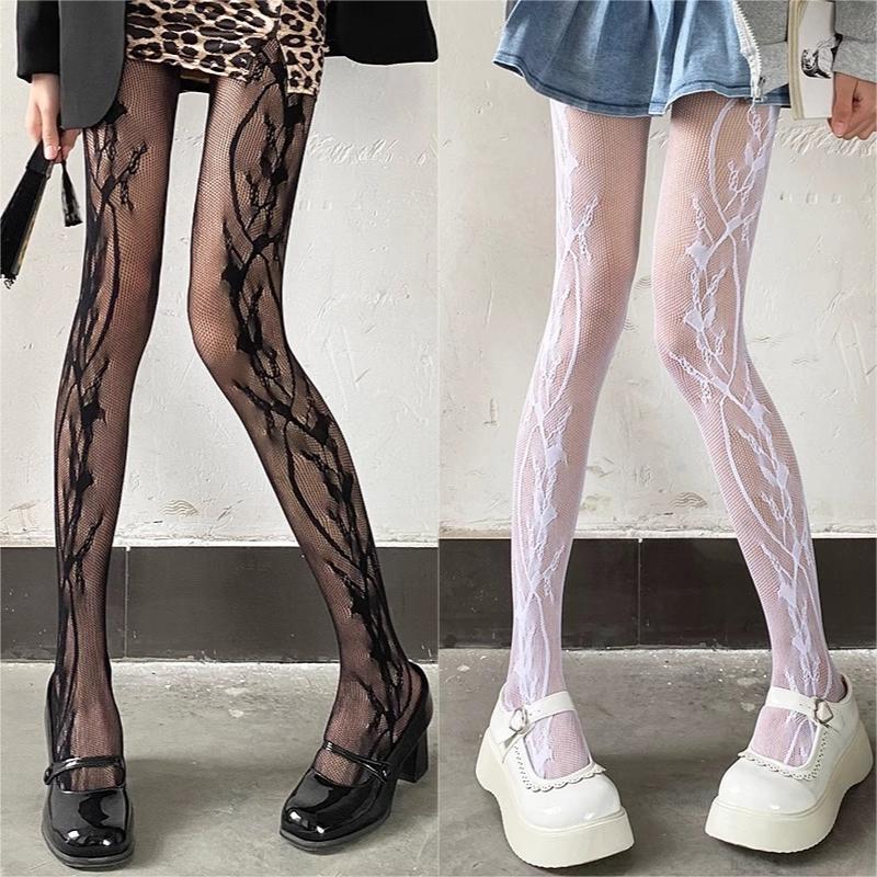 Japanese Style JK Lace Vine Print Fishnet Stockings Lolita Cosplay Sweet White Tights Women Sexy Thin Hollow Out Slim Pantyhose
