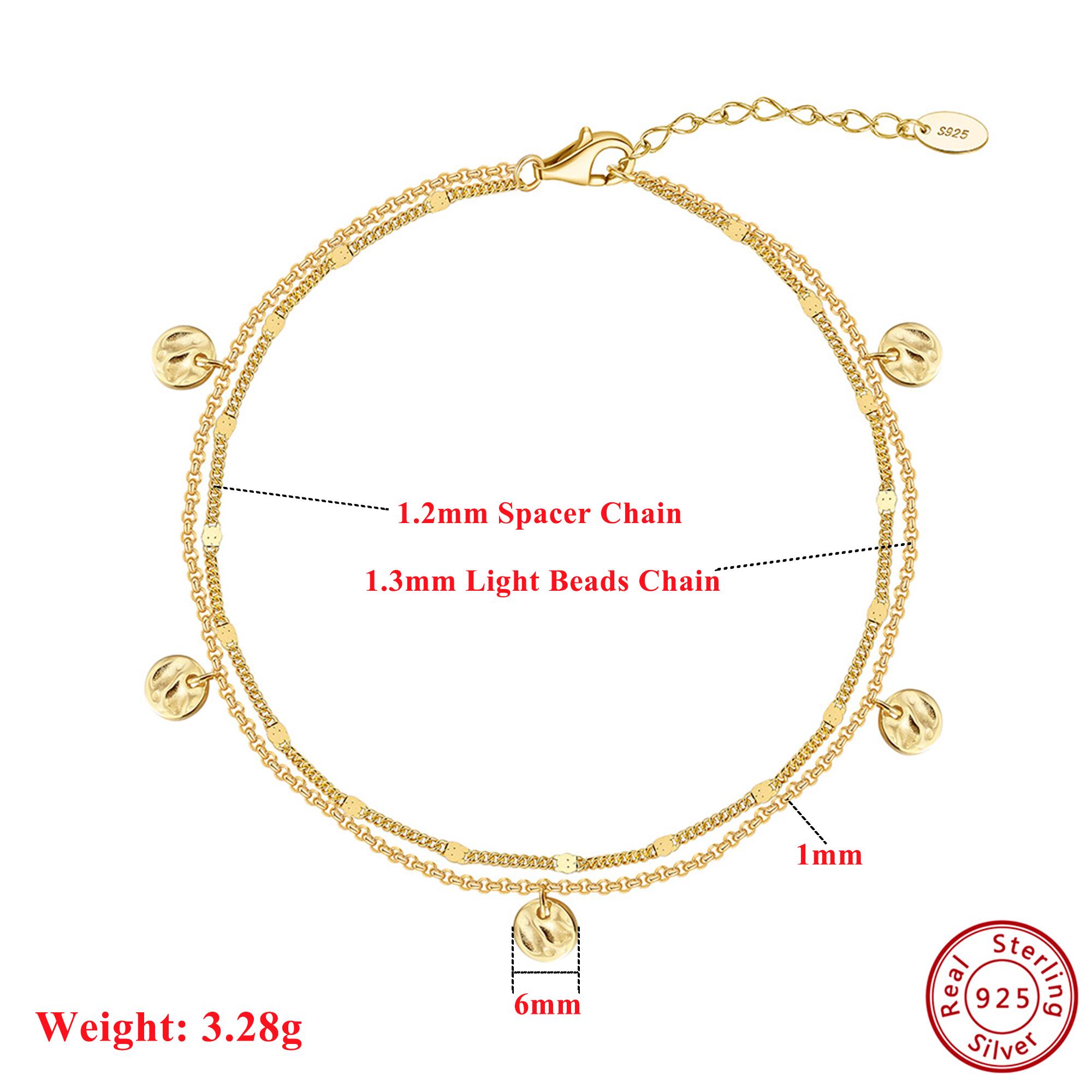 

EFFIE QUEEN Enchanting 925 Sterling Silver Anklet 1.2mm Spacer Chain & Light Beads Chain Double Layered Style Chic Jewelry SA64
