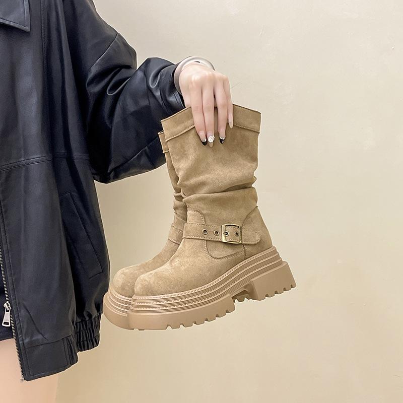 Korean version suede short boots autumn and winter retro versatile warm pile boots women's fashion boots thick-soled belt buckle knight boots