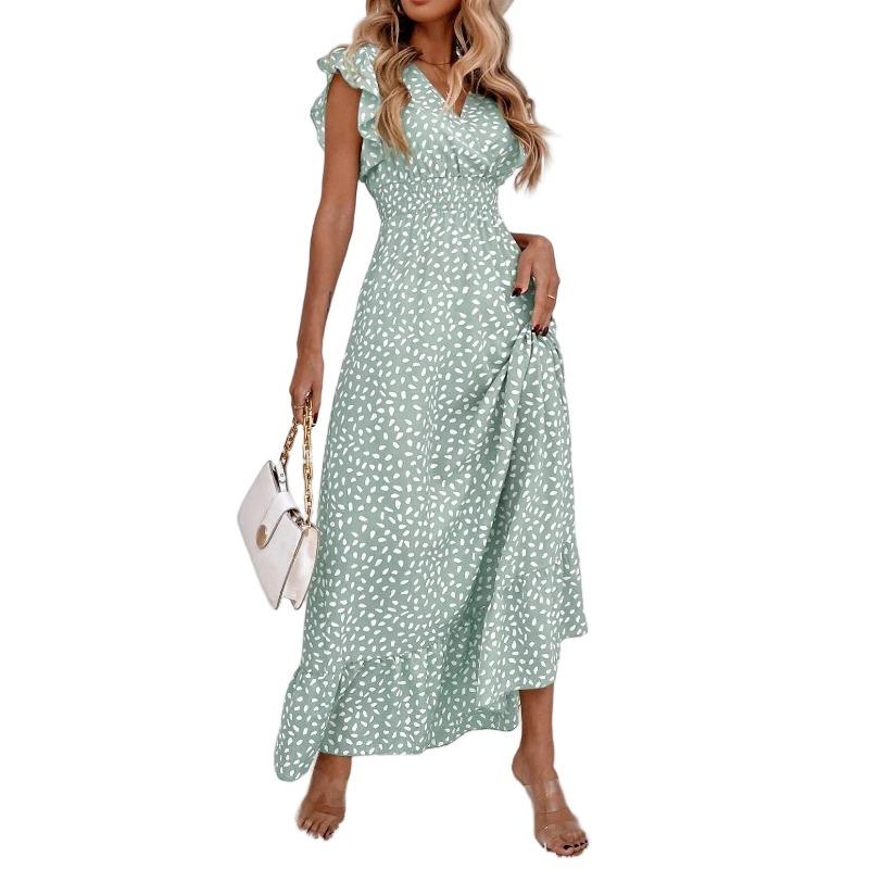 European and American new fashion holiday style v-neck waist ruffle edge polka dot dress