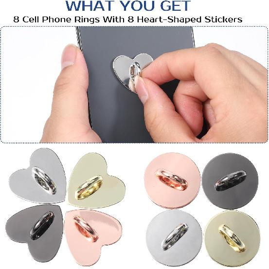 8pcs Cell Phone Finger Ring Metal Phone Finger Grip Hook for Back Adhesive Phones Charm Holder Heart Fingers Grip Loop Stand Ring Holder Accessories