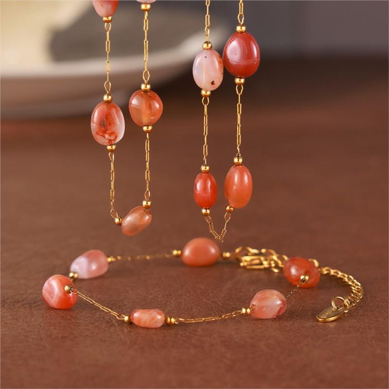 Irregular Real Natural Agate Stone Bead Combining Stainless Steel Necklace Bracelet For Women Luxury Elegant Women's Zircon Set