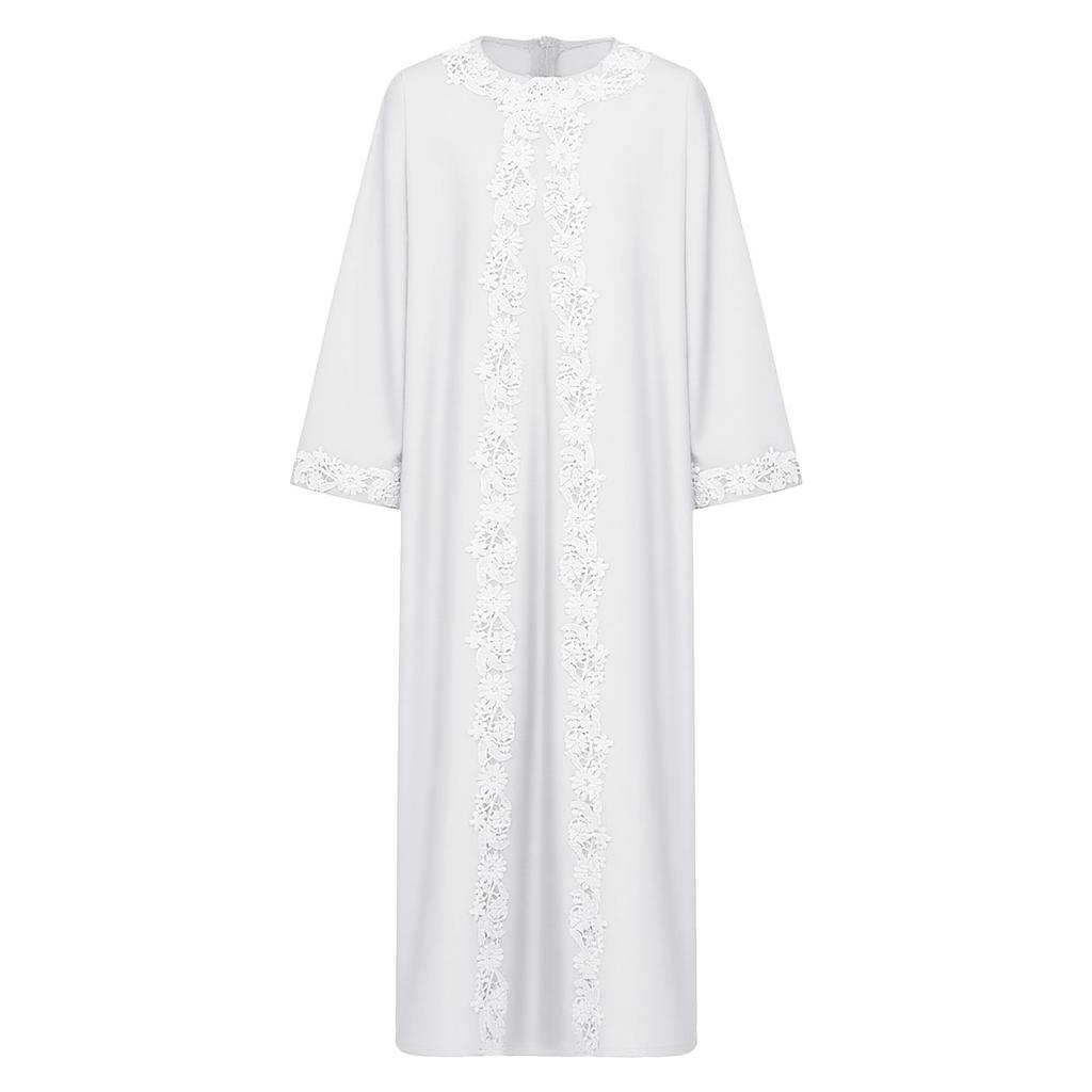 Girls Embroidered Lace Muslim Robe Abaya Round Neck Long Sleeve Back Invisible Zipper Loose Dress