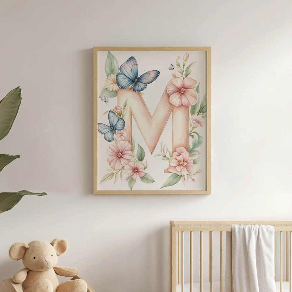 Plakat Literka M W Kwiatach Plakat Literka M W Kwiatach, 30X40 Cm, Rama Drewniana Jasny Dąb, Papier Matowy 230 Gsm