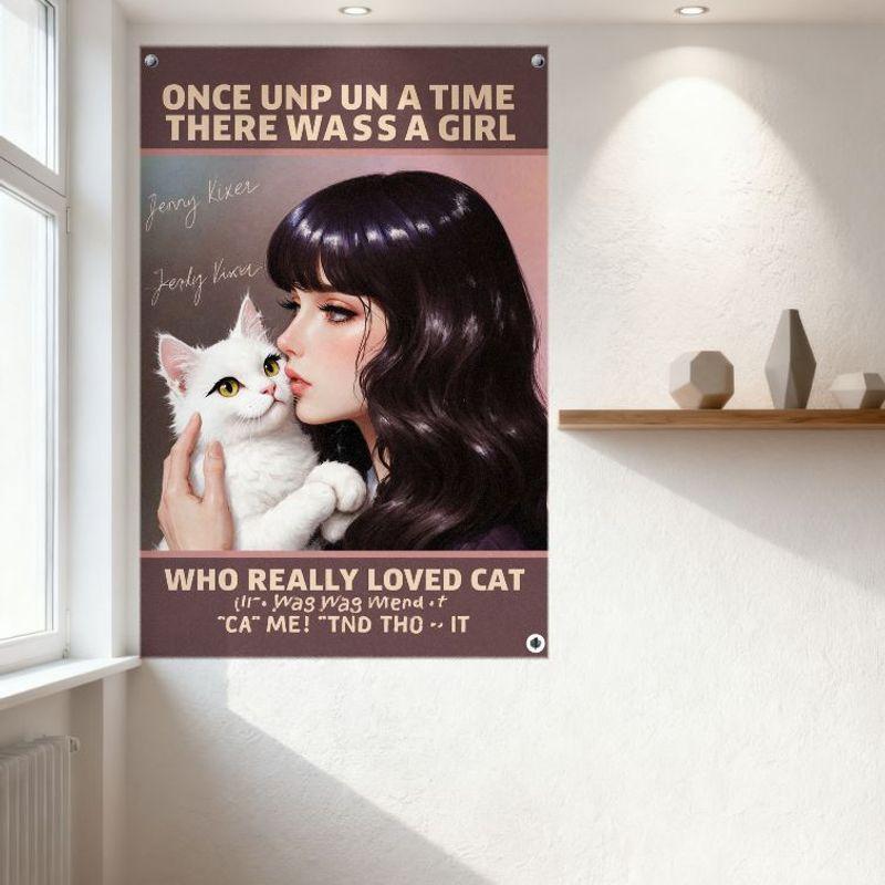 Once Upon a Time There Was a Girl Who Really Loved Cats Whimsical Illustration Tin Sign - Jenny Kiser Metal Poster for Home Deco